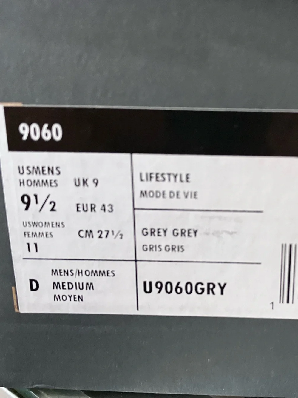 New Balance 9060 Rain Cloud Grey Size 9.5